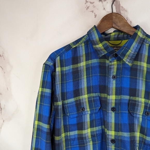 Eddie Bauer Shirt Mens Large Blue Green Plaid Button Up Travex Shacket Jacket - Picture 2 of 12